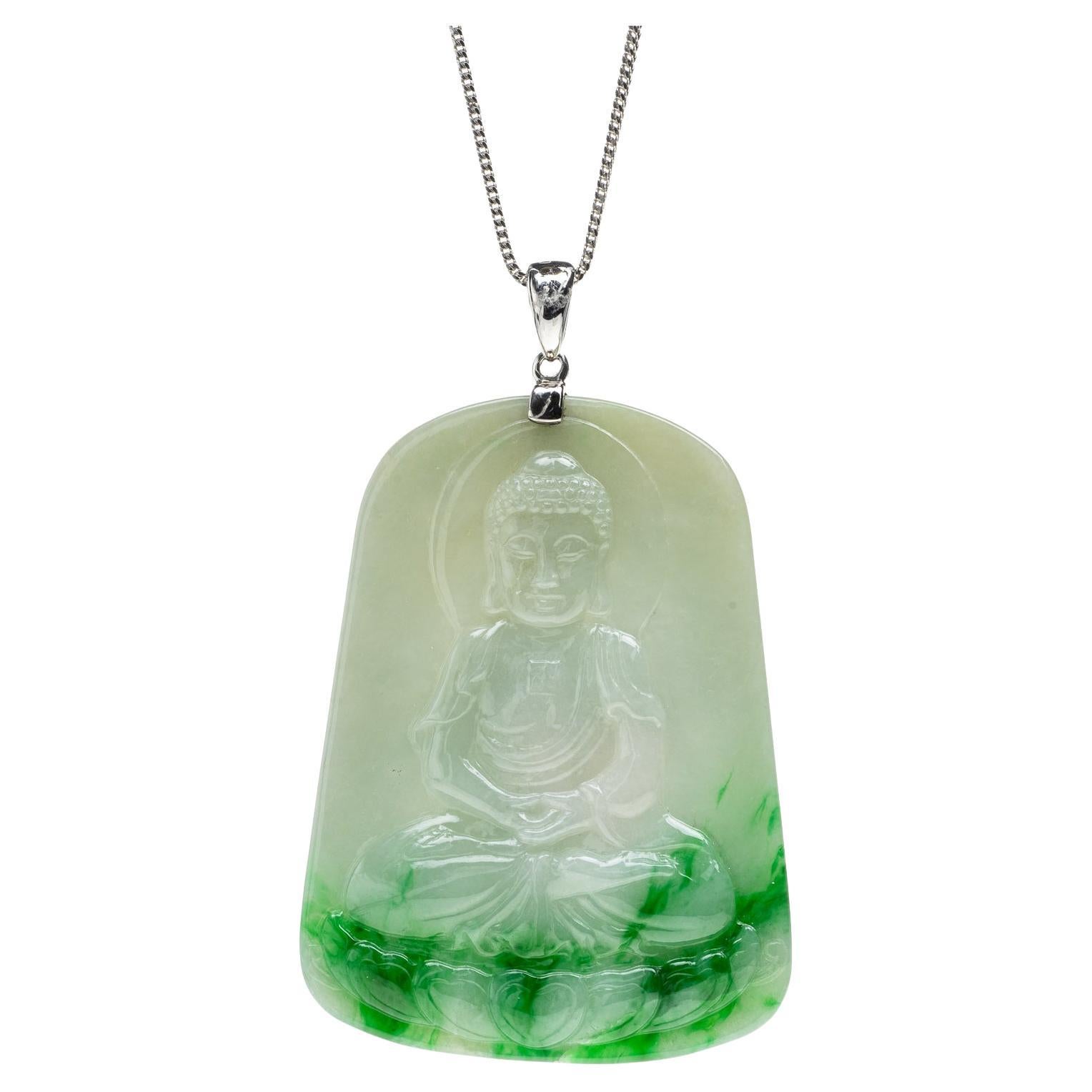 Green Jadeite Jade Buddha and Diamond Pendant, Certified Untreated For Sale