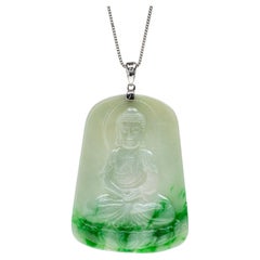 Green Jadeite Jade Buddha and Diamond Pendant, Certified Untreated