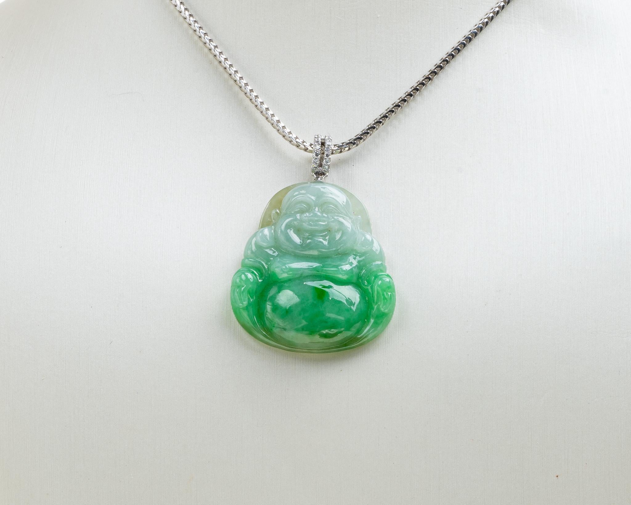 Rough Cut Green Jadeite Jade Buddha Pendant, Certified Untreated For Sale