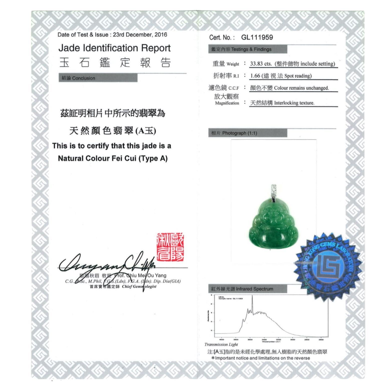 Rough Cut Green Jadeite Jade Buddha Pendant, Certified Untreated For Sale
