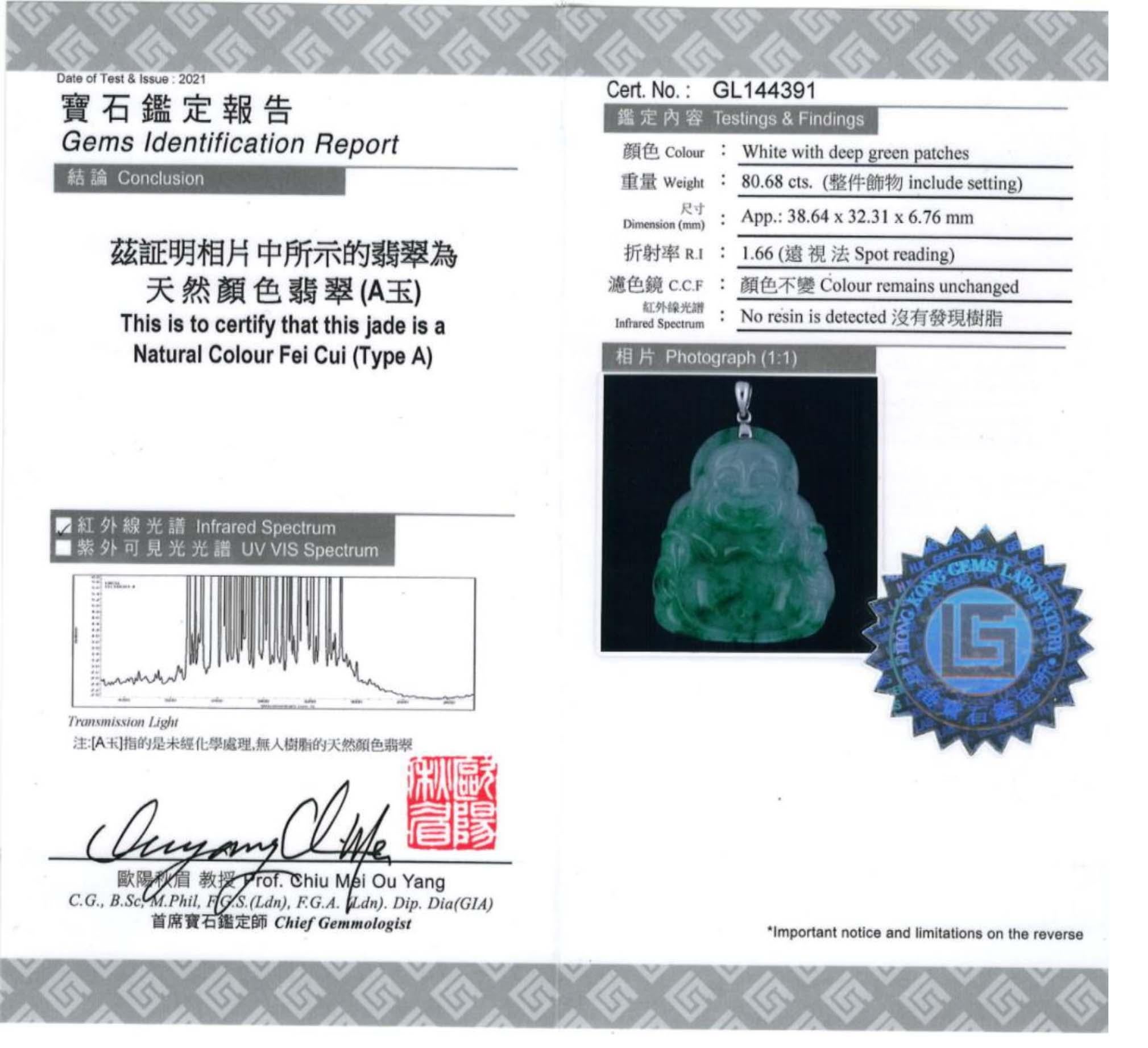 Green Jadeite Jade Buddha Pendant, Certified Untreated In New Condition For Sale In San Francisco, CA