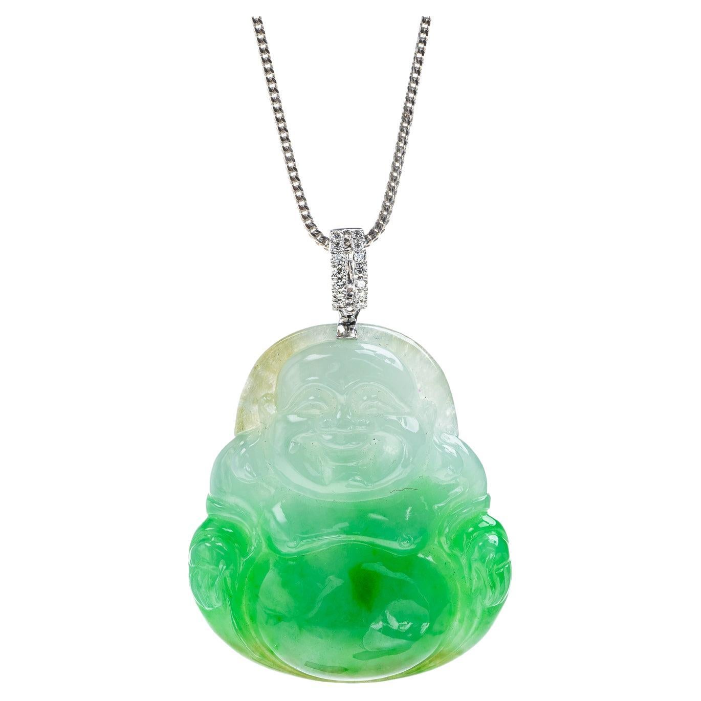Handcrafted knot work adjustable green jade "Happy Buddha" pendant necklace