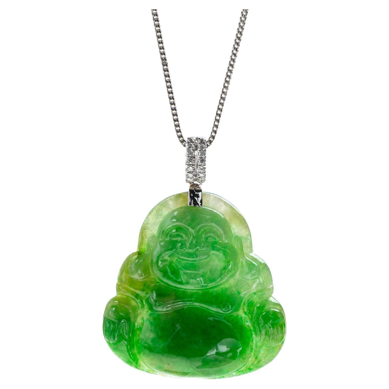 Green Jadeite Jade Buddha Pendant, Certified Untreated For Sale