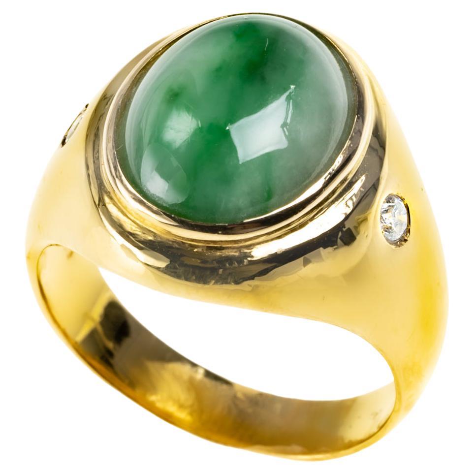 Green Jadeite Jade Cabochon and Diamond Ring, Certified Untreated