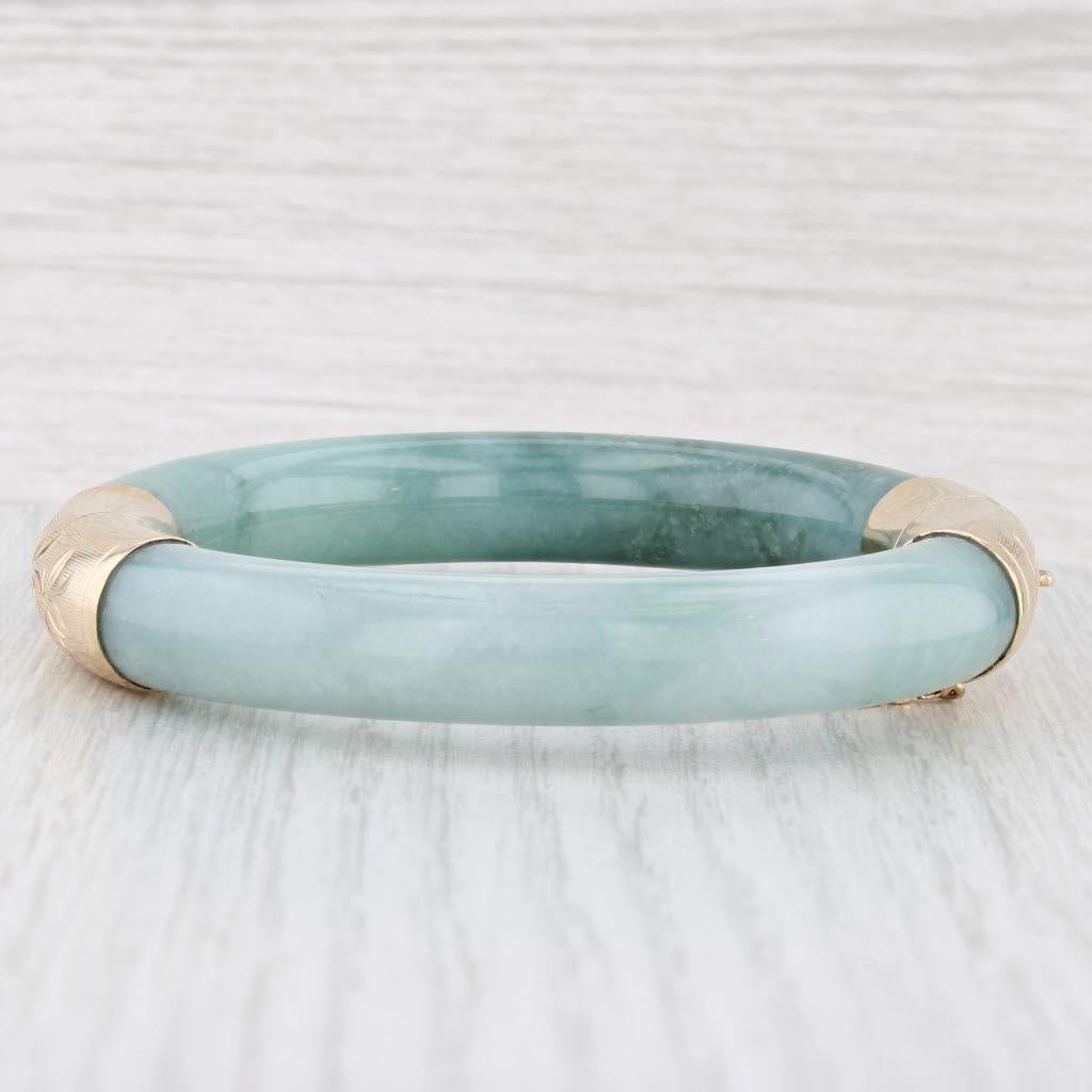 Rough Cut Green Jadeite Jade Engraved Flowers Bangle Bracelet 14k Yellow Gold 7.25