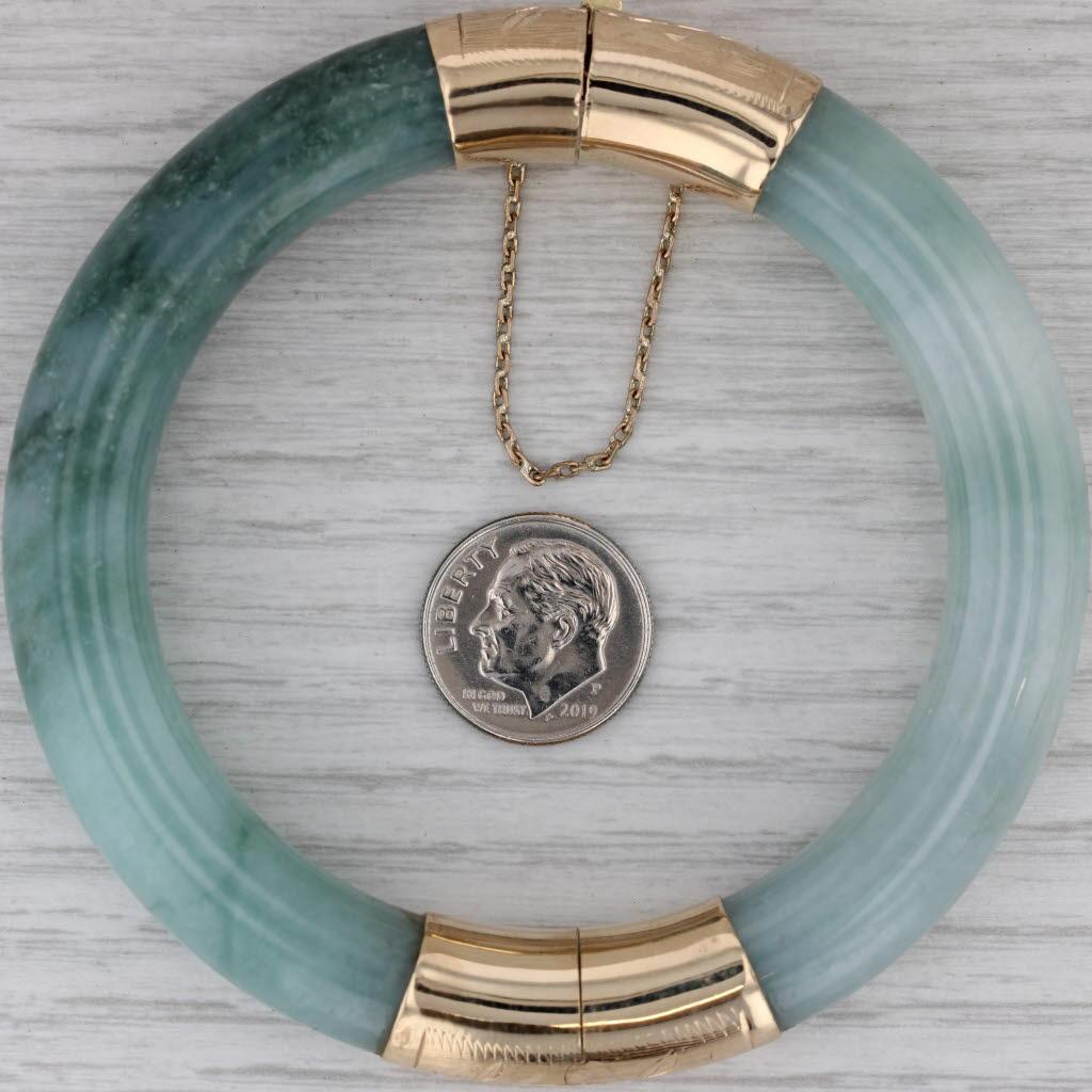 Green Jadeite Jade Engraved Flowers Bangle Bracelet 14k Yellow Gold 7.25