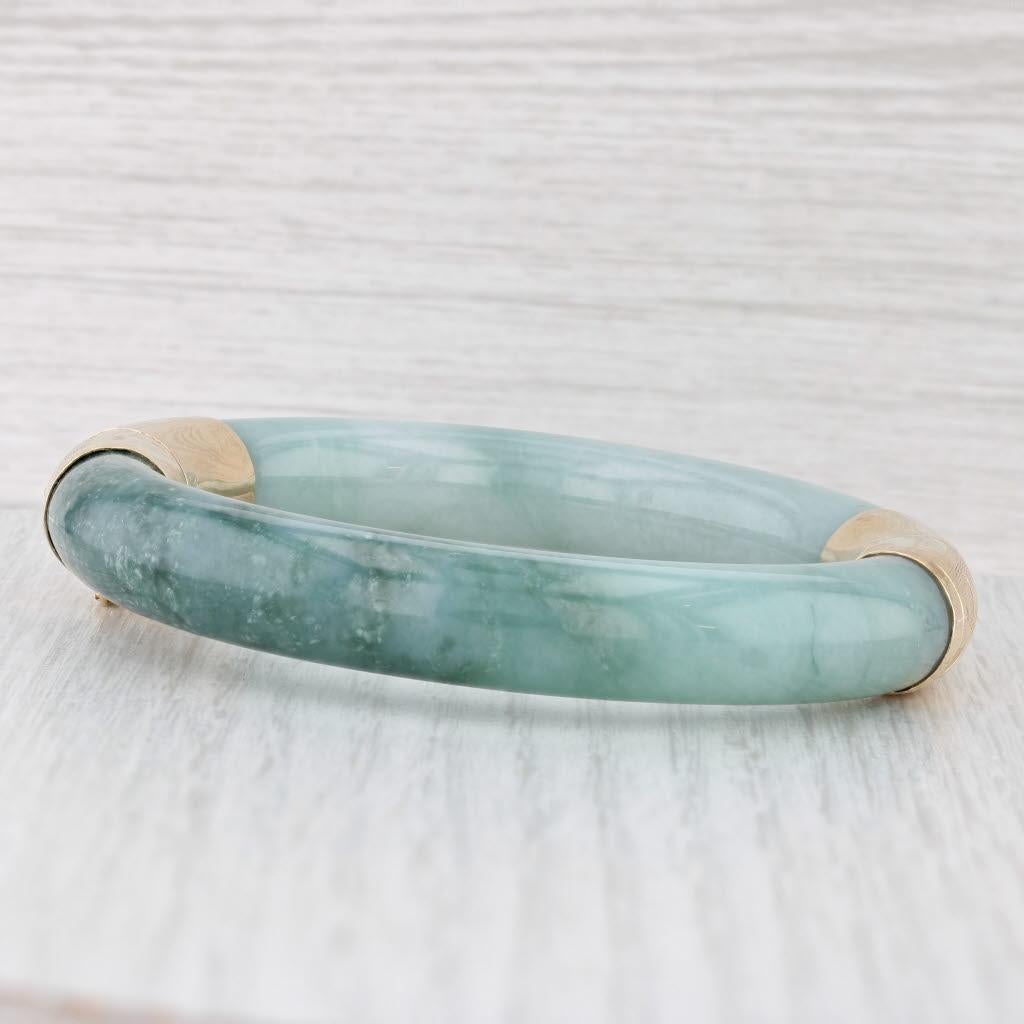 Women's or Men's Green Jadeite Jade Engraved Flowers Bangle Bracelet 14k Yellow Gold 7.25