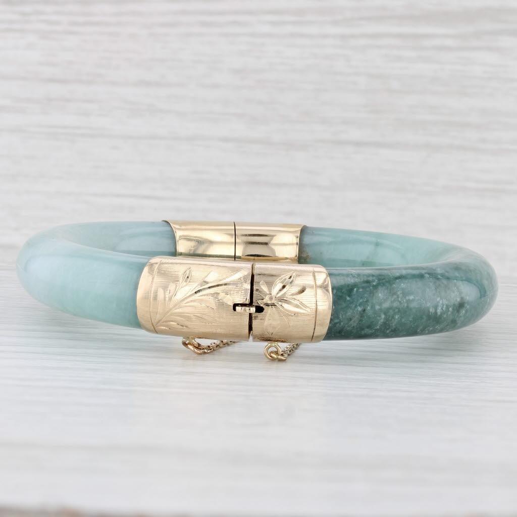 Green Jadeite Jade Engraved Flowers Bangle Bracelet 14k Yellow Gold 7.25
