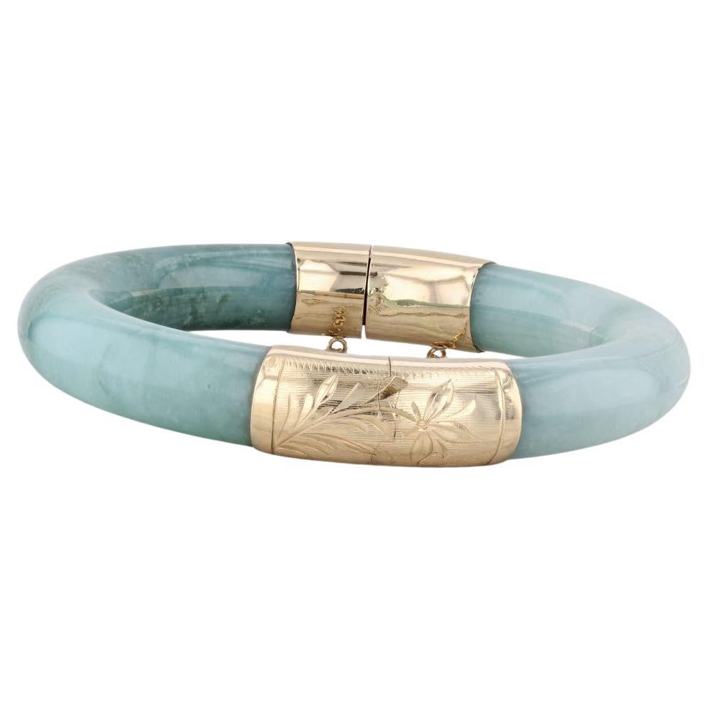 Green Jadeite Jade Engraved Flowers Bangle Bracelet 14k Yellow Gold 7.25" For Sale