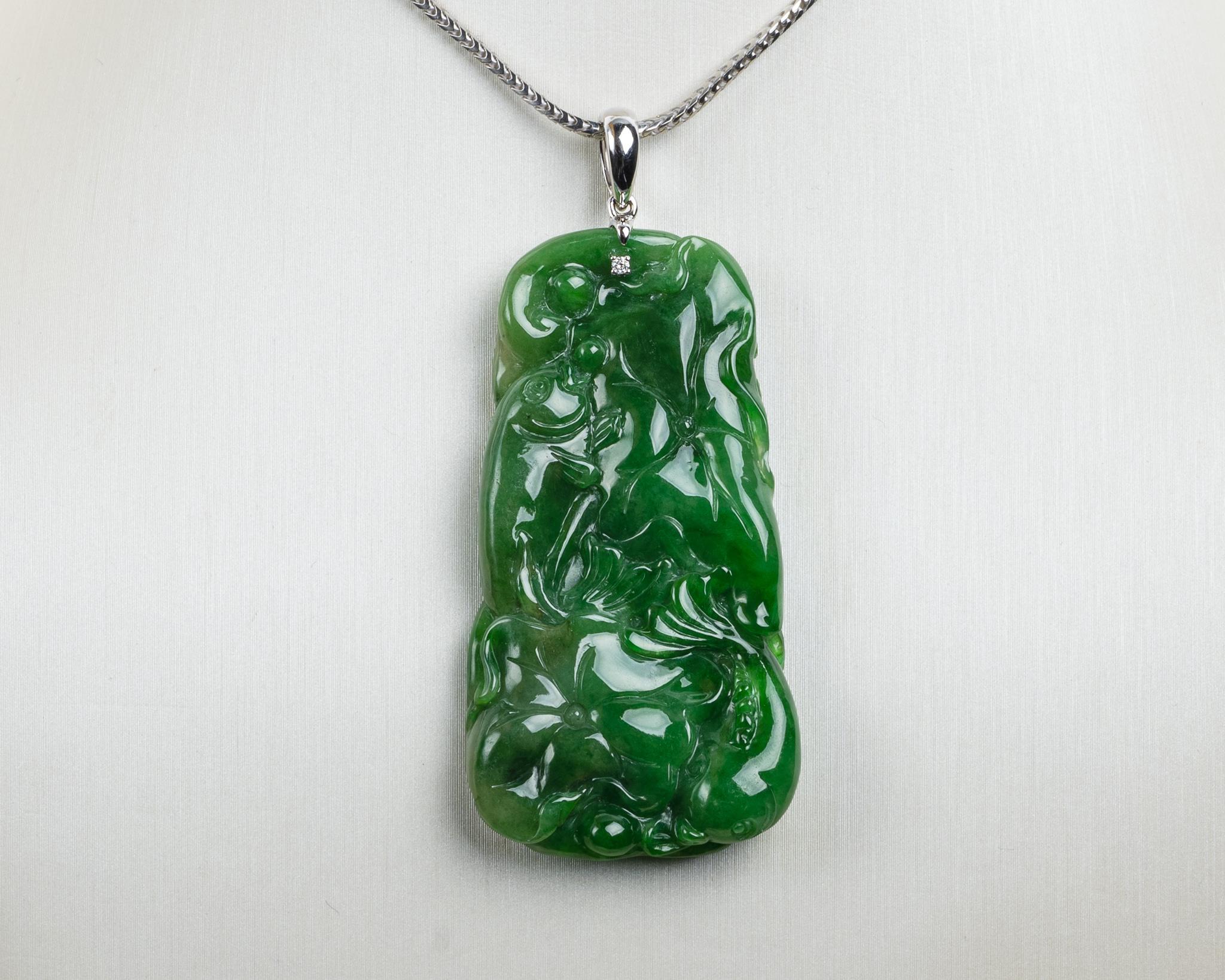 Contemporary Green Jadeite Jade Fish and Lotus Leaf Pendant, Certified Untreated For Sale