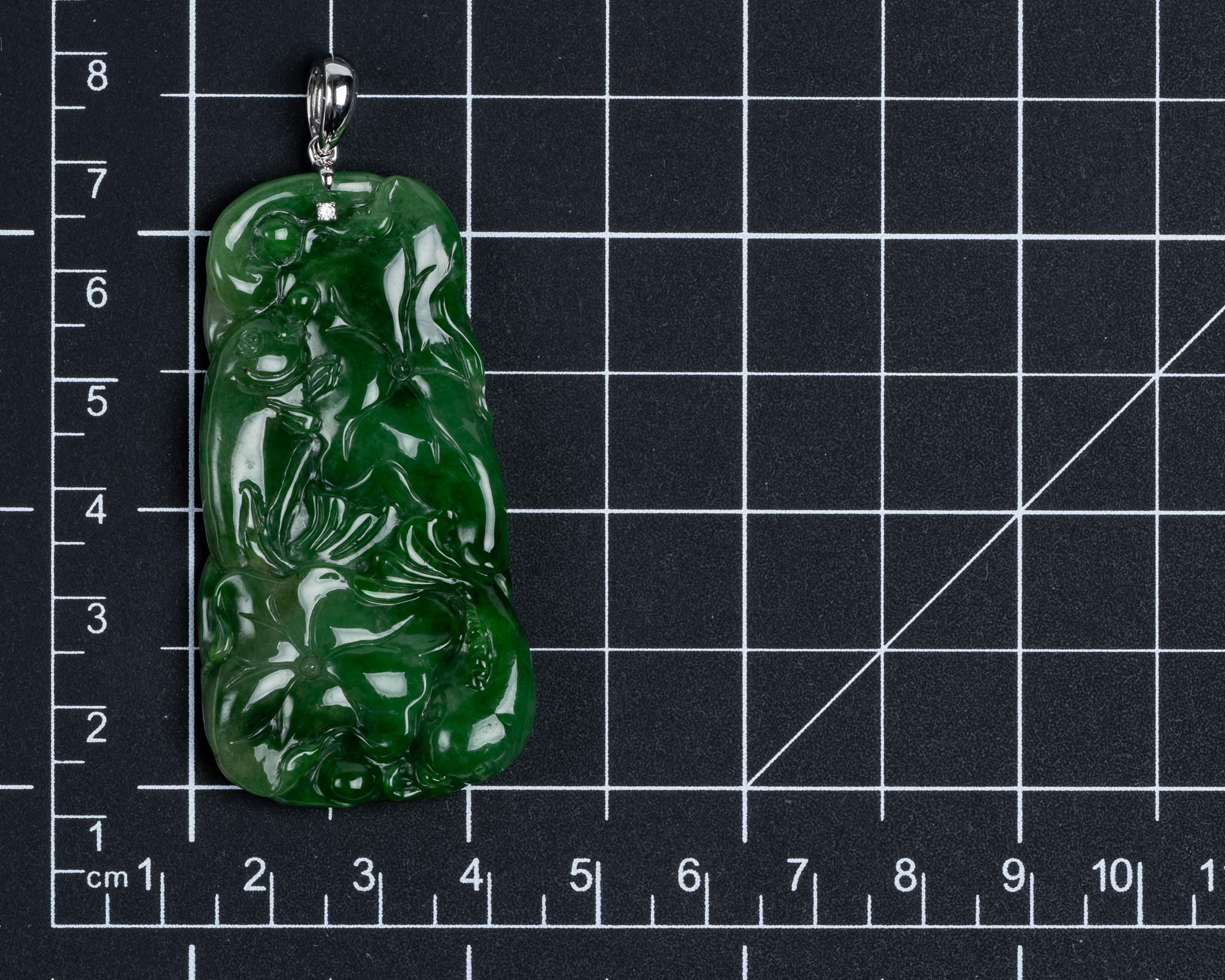 Rough Cut Green Jadeite Jade Fish and Lotus Leaf Pendant, Certified Untreated For Sale