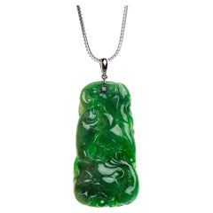 Green Jadeite Jade Fish and Lotus Leaf Pendant, Certified Untreated