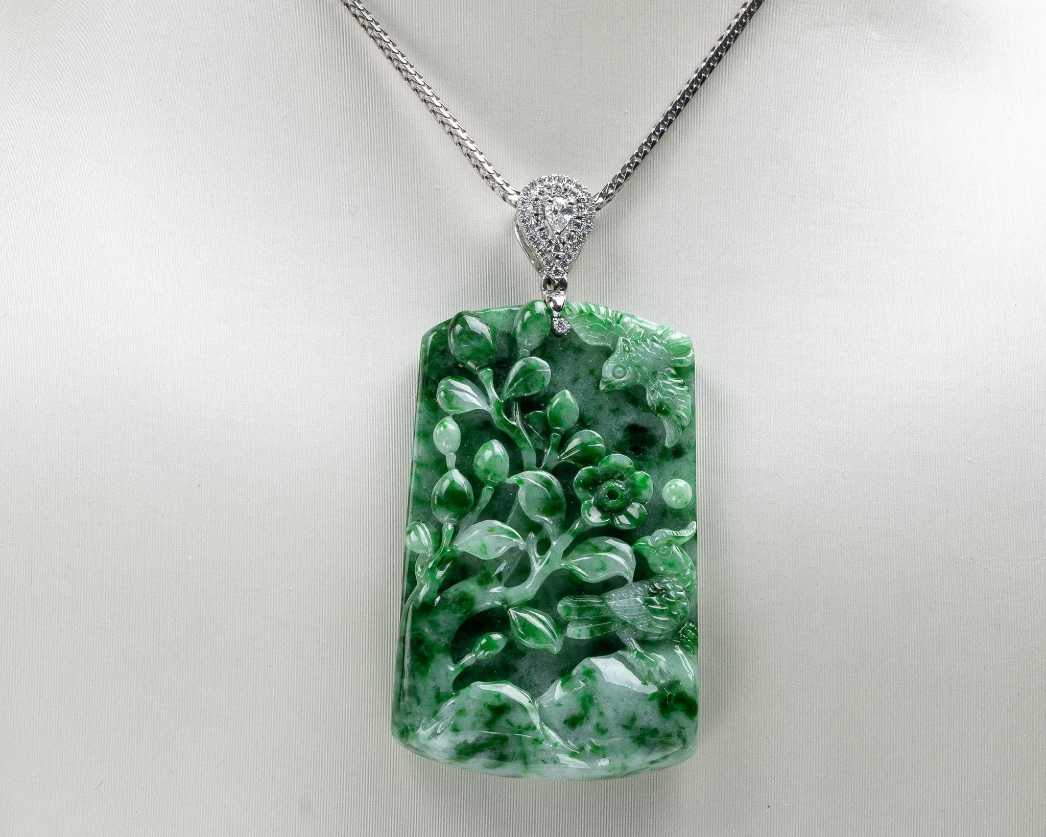 Rough Cut Green Jadeite Jade Flower with Birds and Diamond Pendant, Certified Untreated For Sale