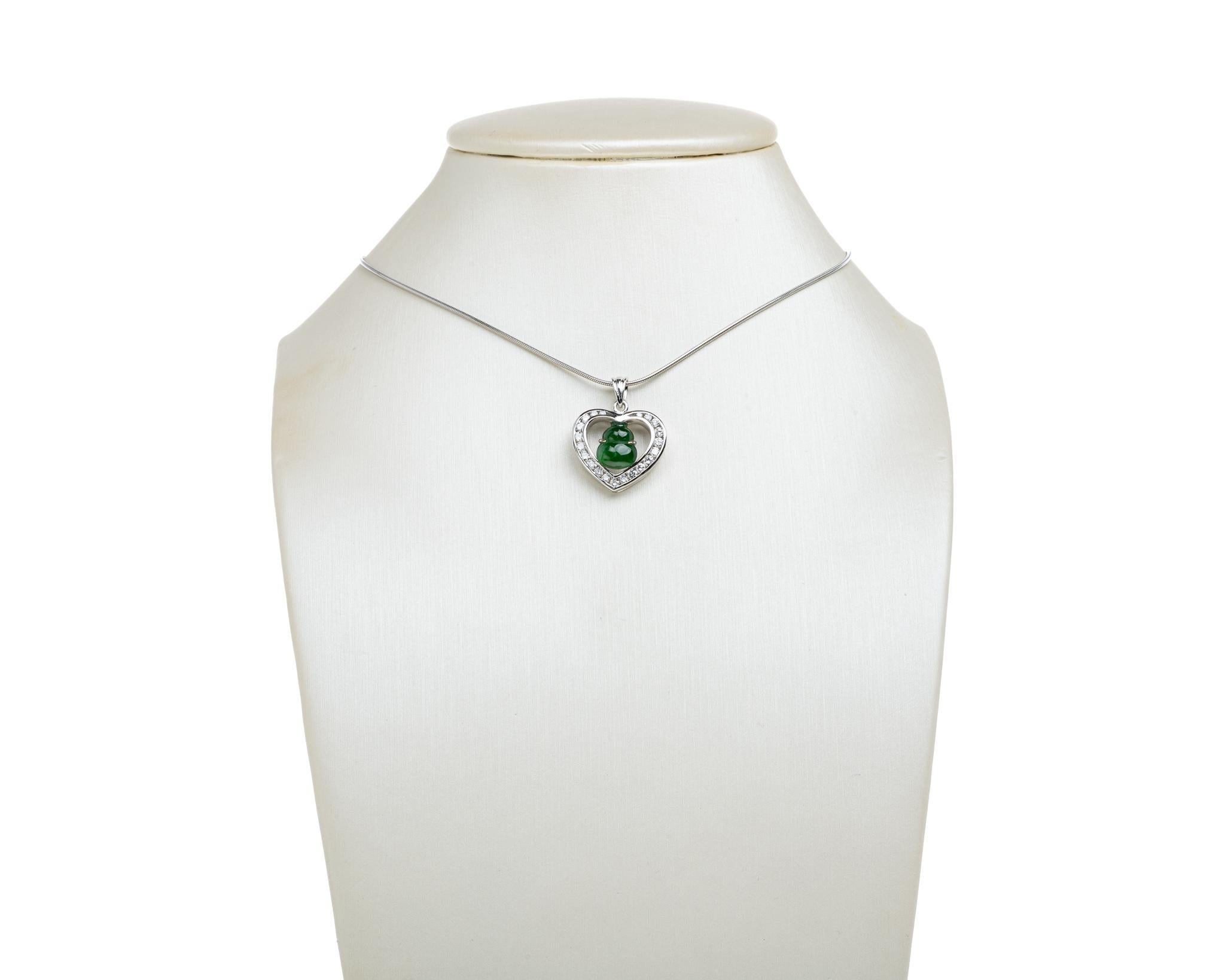 Women's or Men's Green Jadeite Jade Gourd and Diamond Heart Pendant, Certified Untreated For Sale