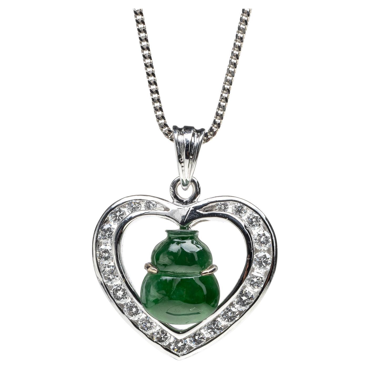 Green Jadeite Jade Gourd and Diamond Heart Pendant, Certified Untreated For Sale