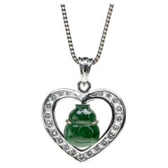 Green Jadeite Jade Gourd and Diamond Heart Pendant, Certified Untreated