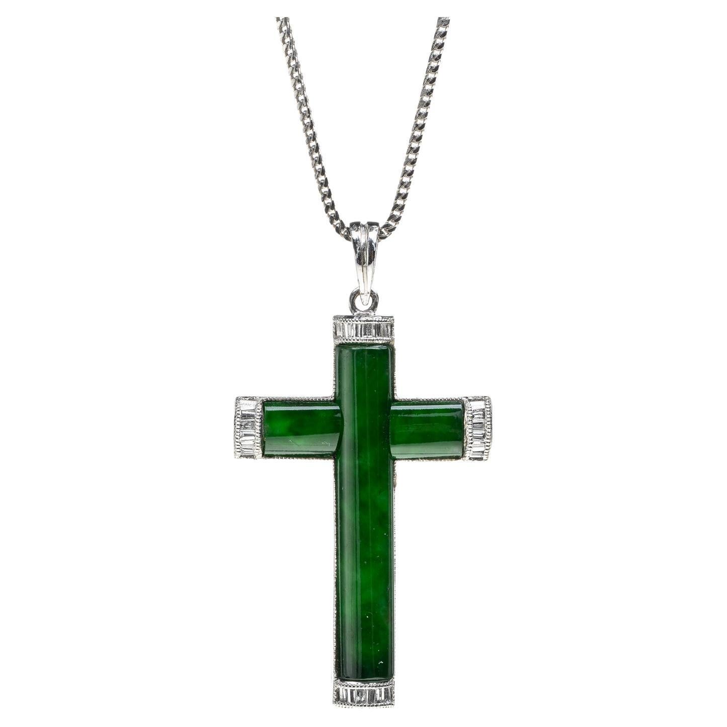 Green Jadeite Jade Green Cross Pendant, GIA Certified Untreated For Sale