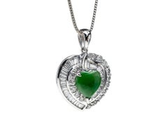 Green Jadeite Jade Heart and Diamond Pendant, Certified Untreated