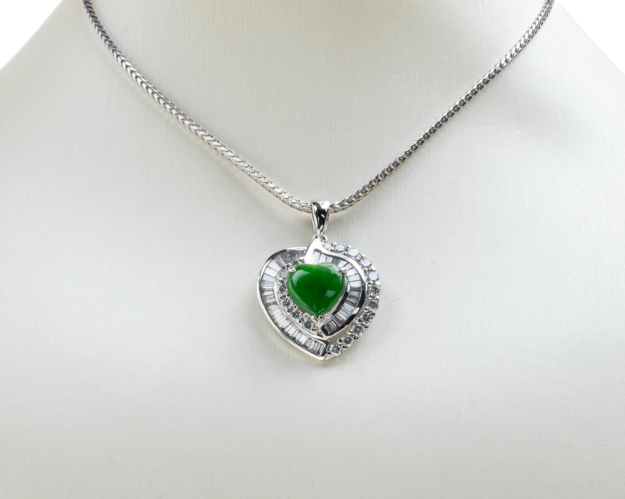 Women's or Men's Green Jadeite Jade Heart and Diamond Pendant, Certified Untreated For Sale