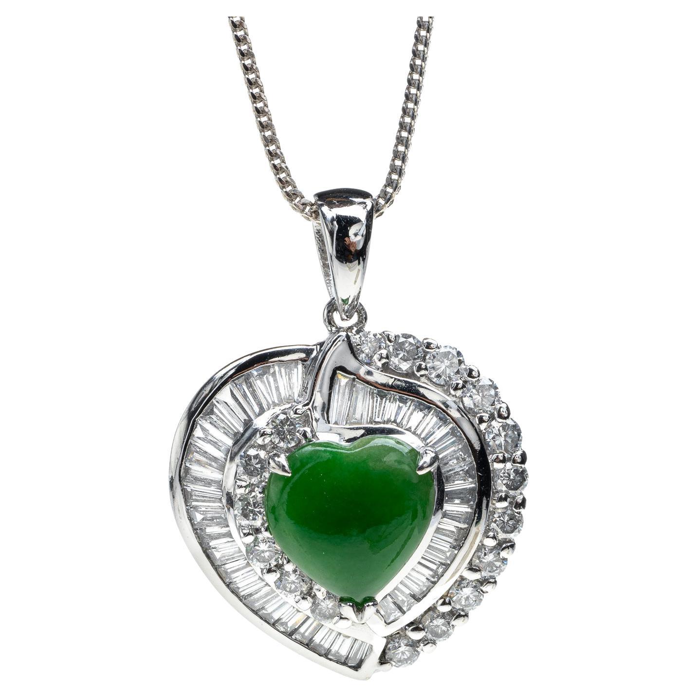 Green Jadeite Jade Heart and Diamond Pendant, Certified Untreated For Sale
