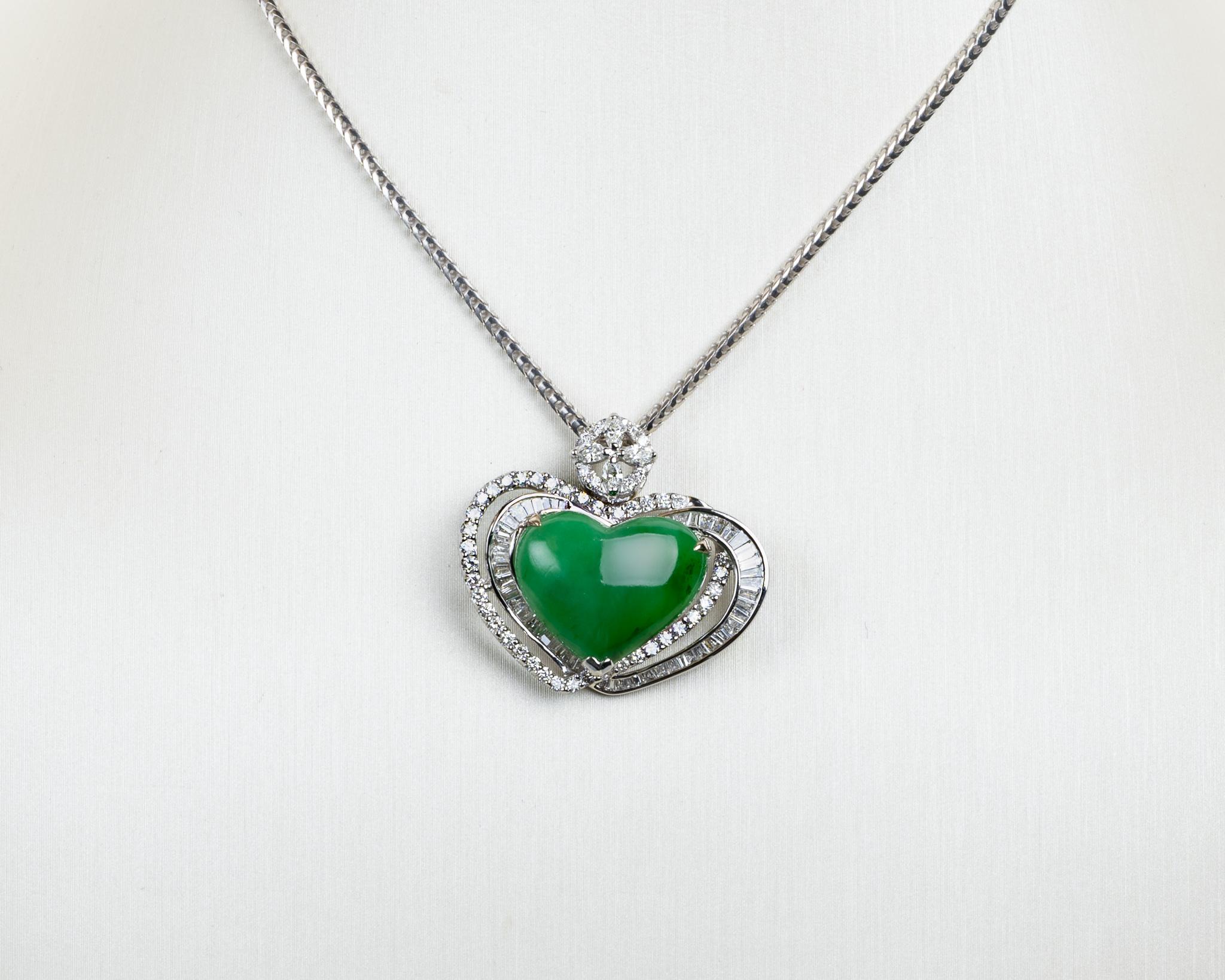 Heart Cut Green Jadeite Jade Heart Cabochon and Diamond Pendant, Certified Untreated For Sale
