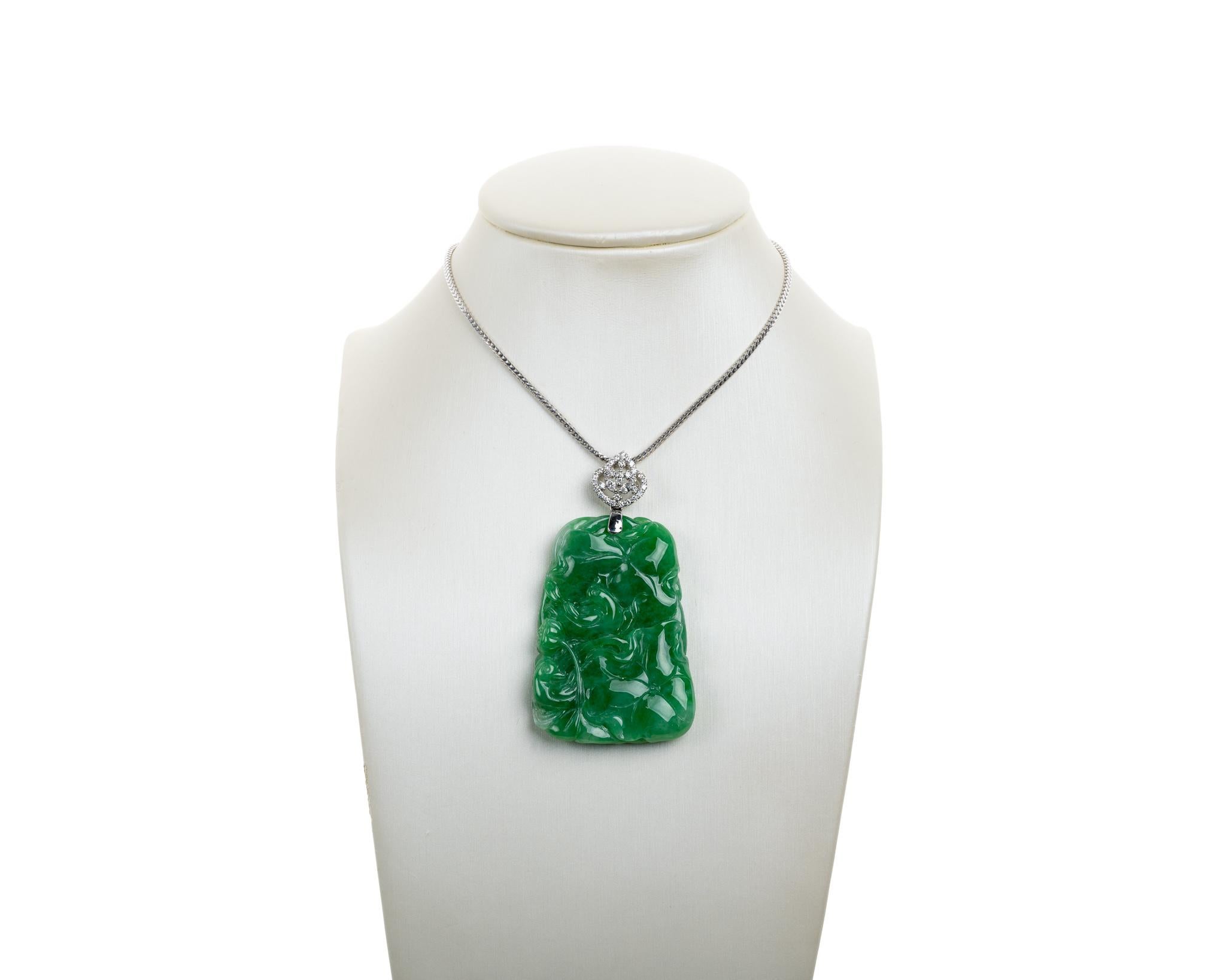 Rough Cut Green Jadeite Jade Lotus Flower and Diamond Pendant, Certified Untreated