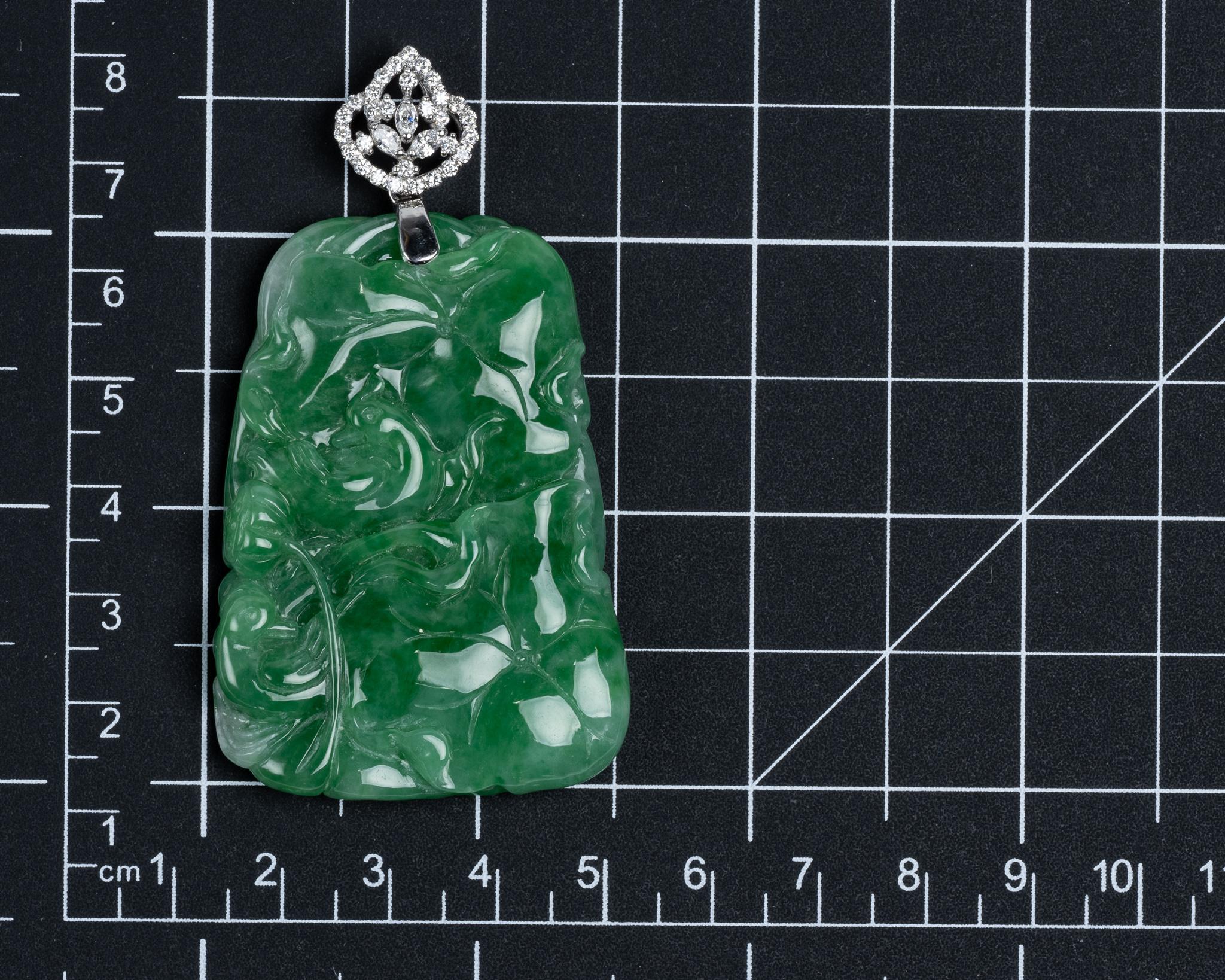Women's or Men's Green Jadeite Jade Lotus Flower and Diamond Pendant, Certified Untreated