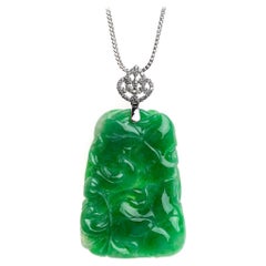 Green Jadeite Jade Lotus Flower and Diamond Pendant, Certified Untreated