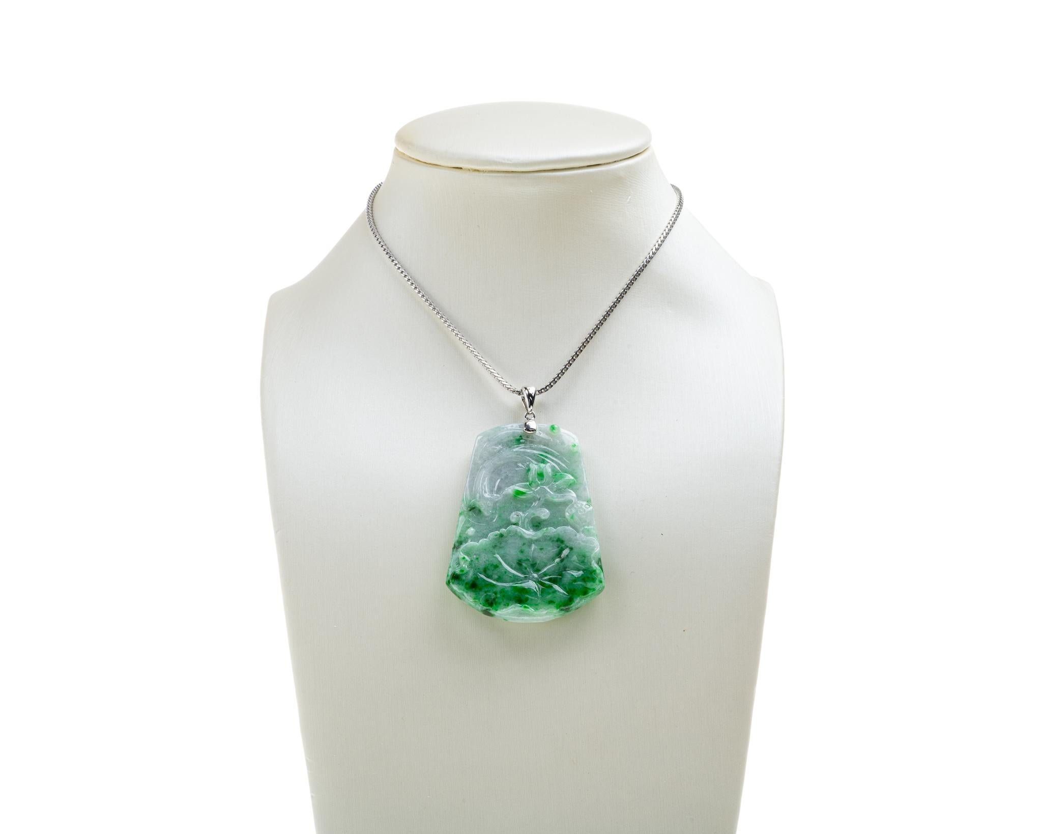 Contemporary Green Jadeite Jade Lotus Flower and Fish Pendant, Certified Untreated For Sale