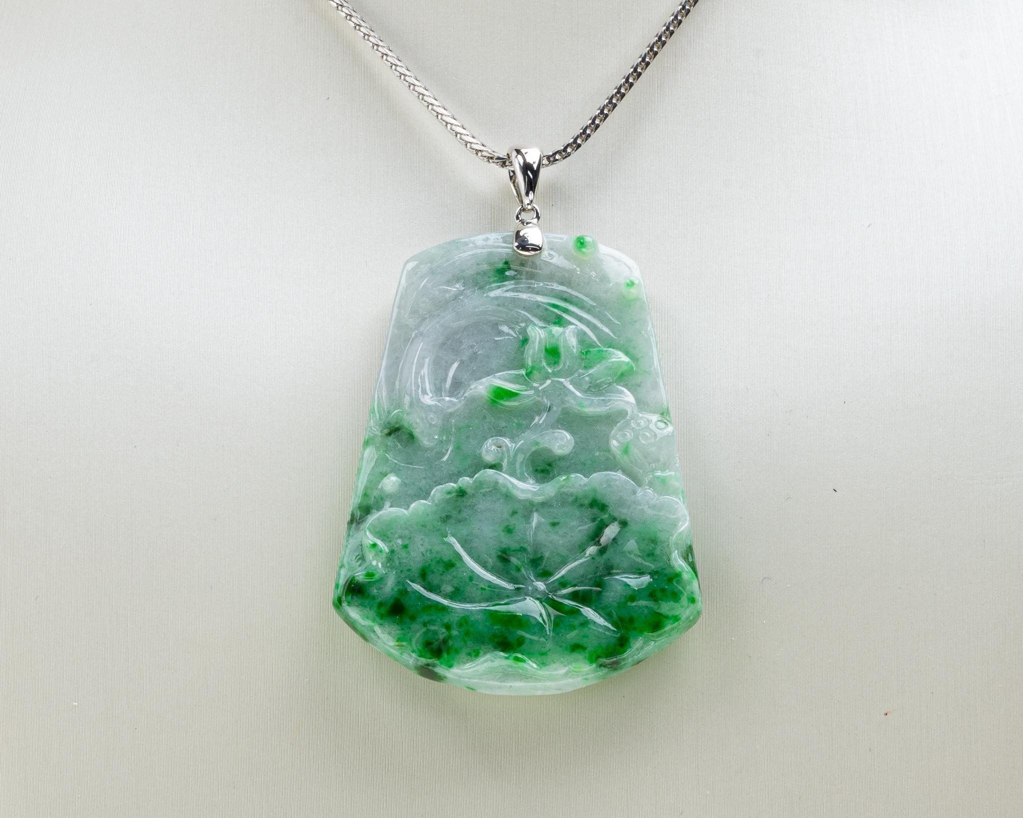 Rough Cut Green Jadeite Jade Lotus Flower and Fish Pendant, Certified Untreated For Sale