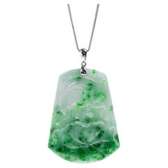 Green Jadeite Jade Lotus Flower and Fish Pendant, Certified Untreated