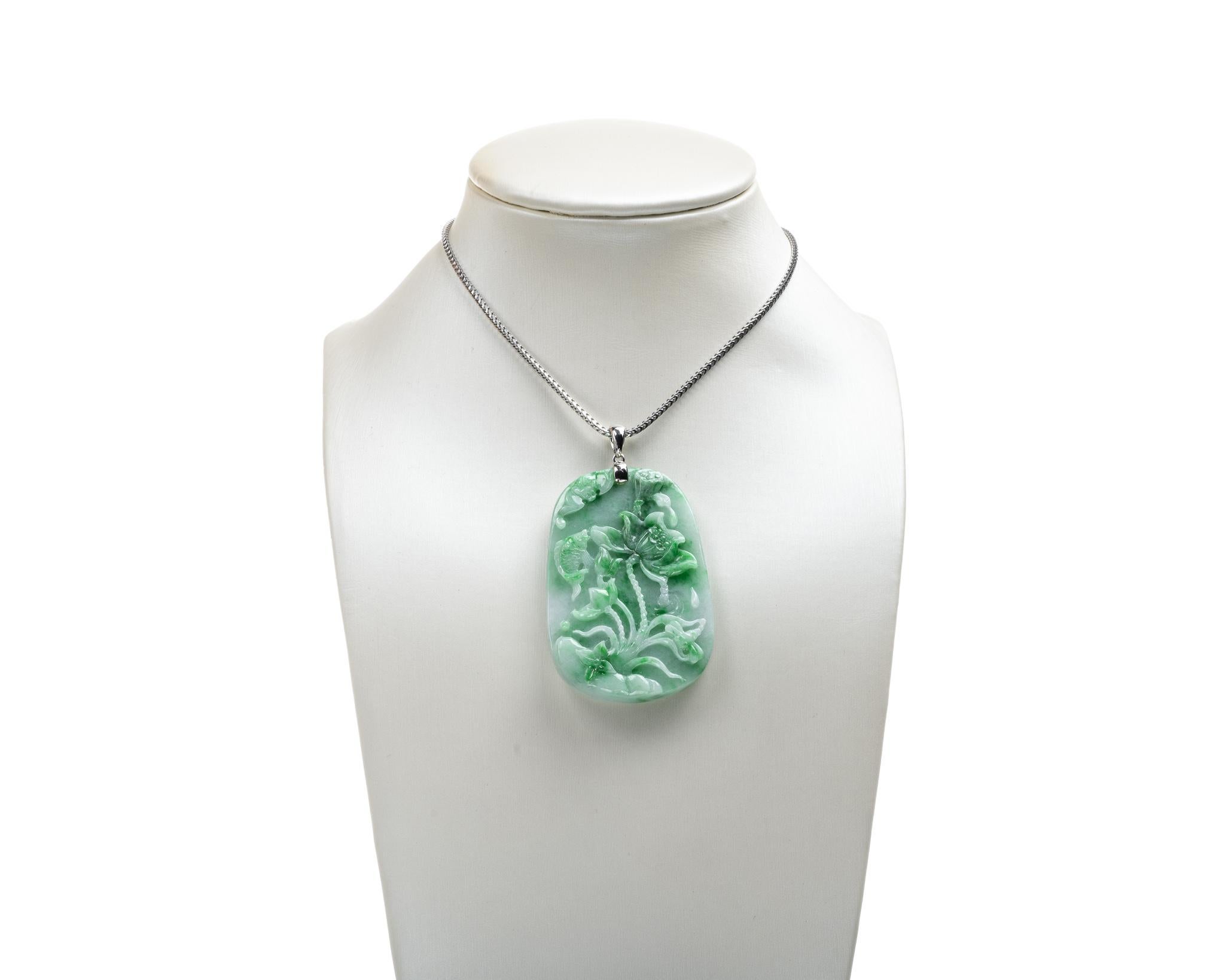 Contemporary Green Jadeite Jade Lotus Flower with Fish Pendant, Certified Untreated