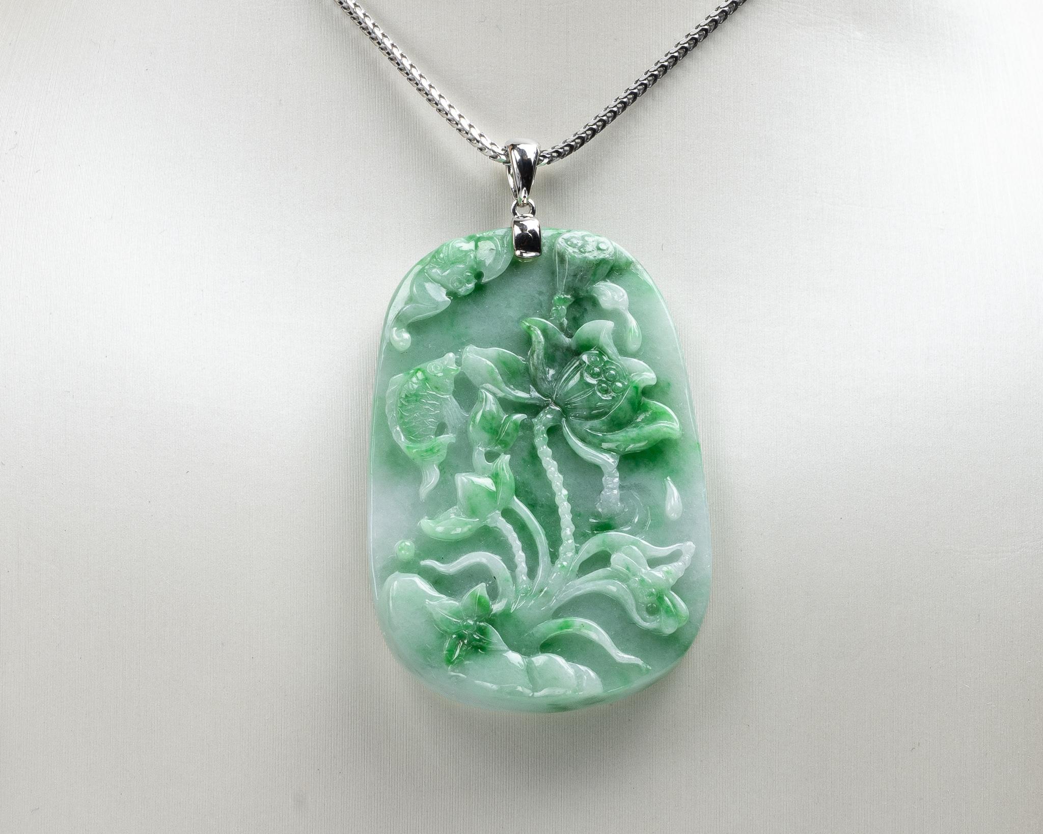 Rough Cut Green Jadeite Jade Lotus Flower with Fish Pendant, Certified Untreated