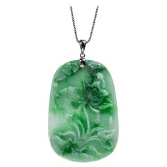 Green Jadeite Jade Lotus Flower with Fish Pendant, Certified Untreated
