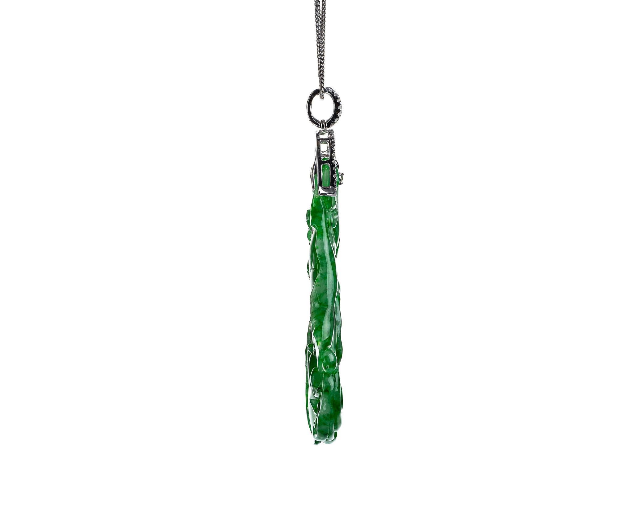 Contemporary Green Jadeite Jade Lotus Leaf Diamond Pendant, Certified Untreated For Sale