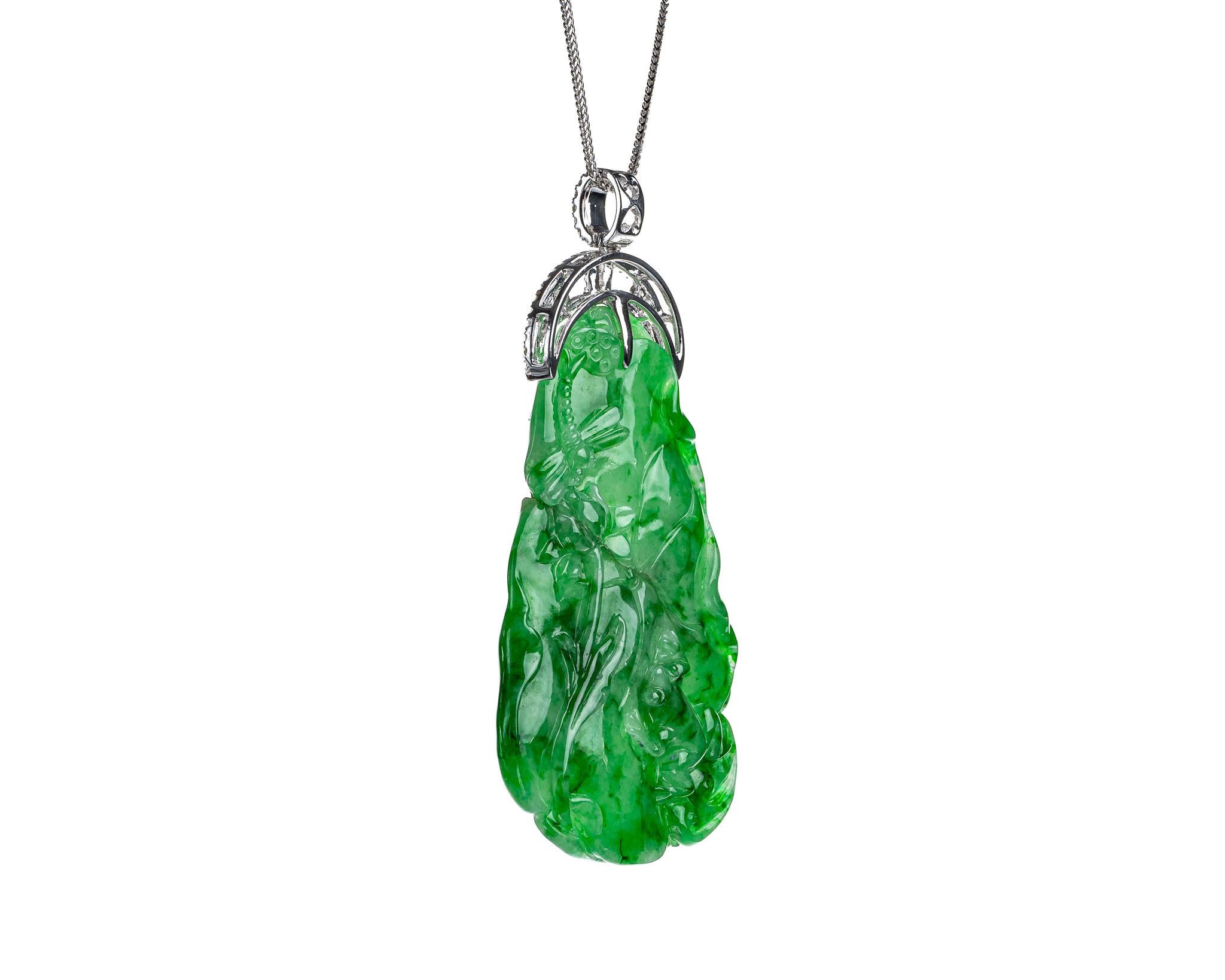 Rough Cut Green Jadeite Jade Lotus Leaf Diamond Pendant, Certified Untreated For Sale
