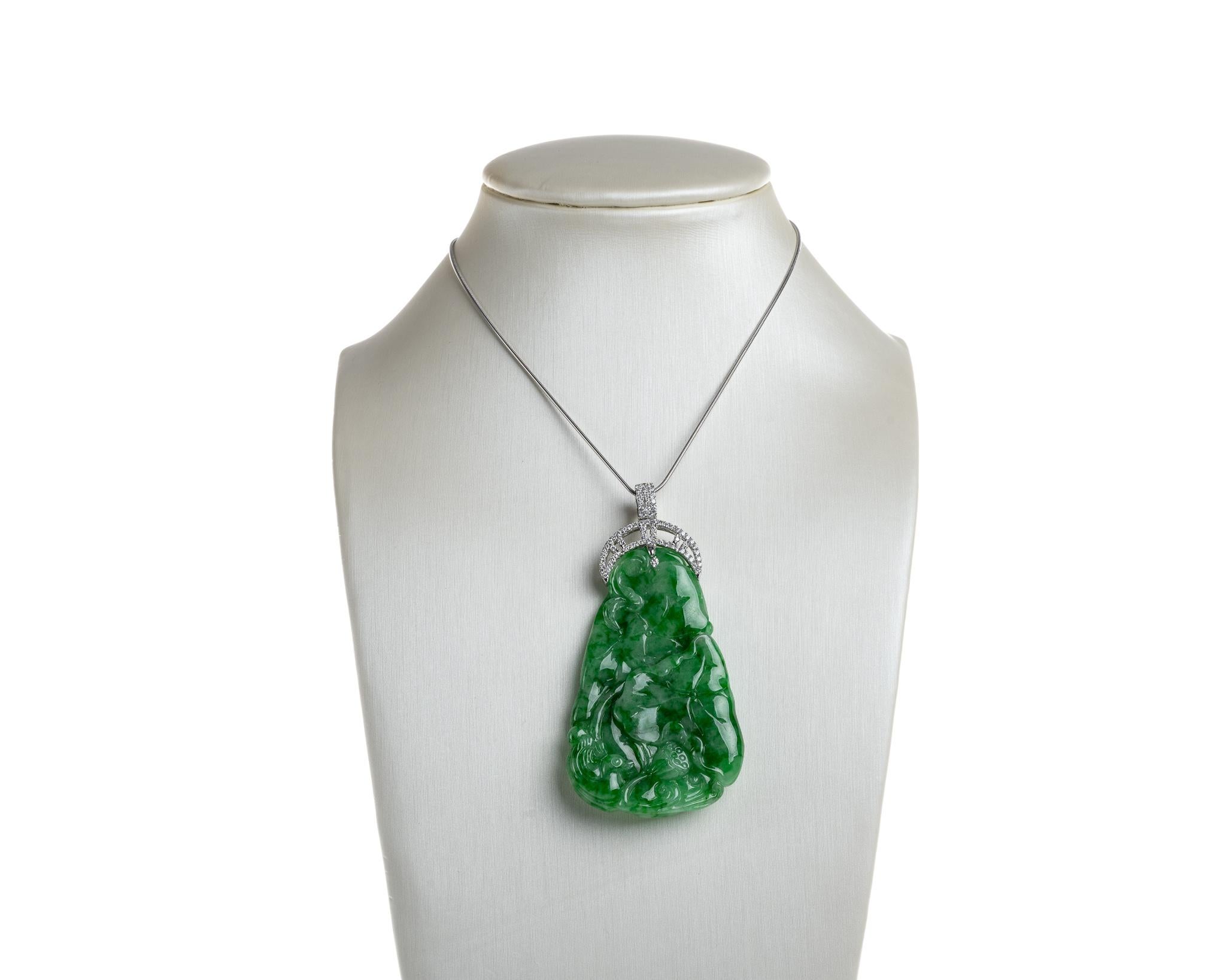 Green Jadeite Jade Lotus Leaf Diamond Pendant, Certified Untreated In New Condition For Sale In San Francisco, CA