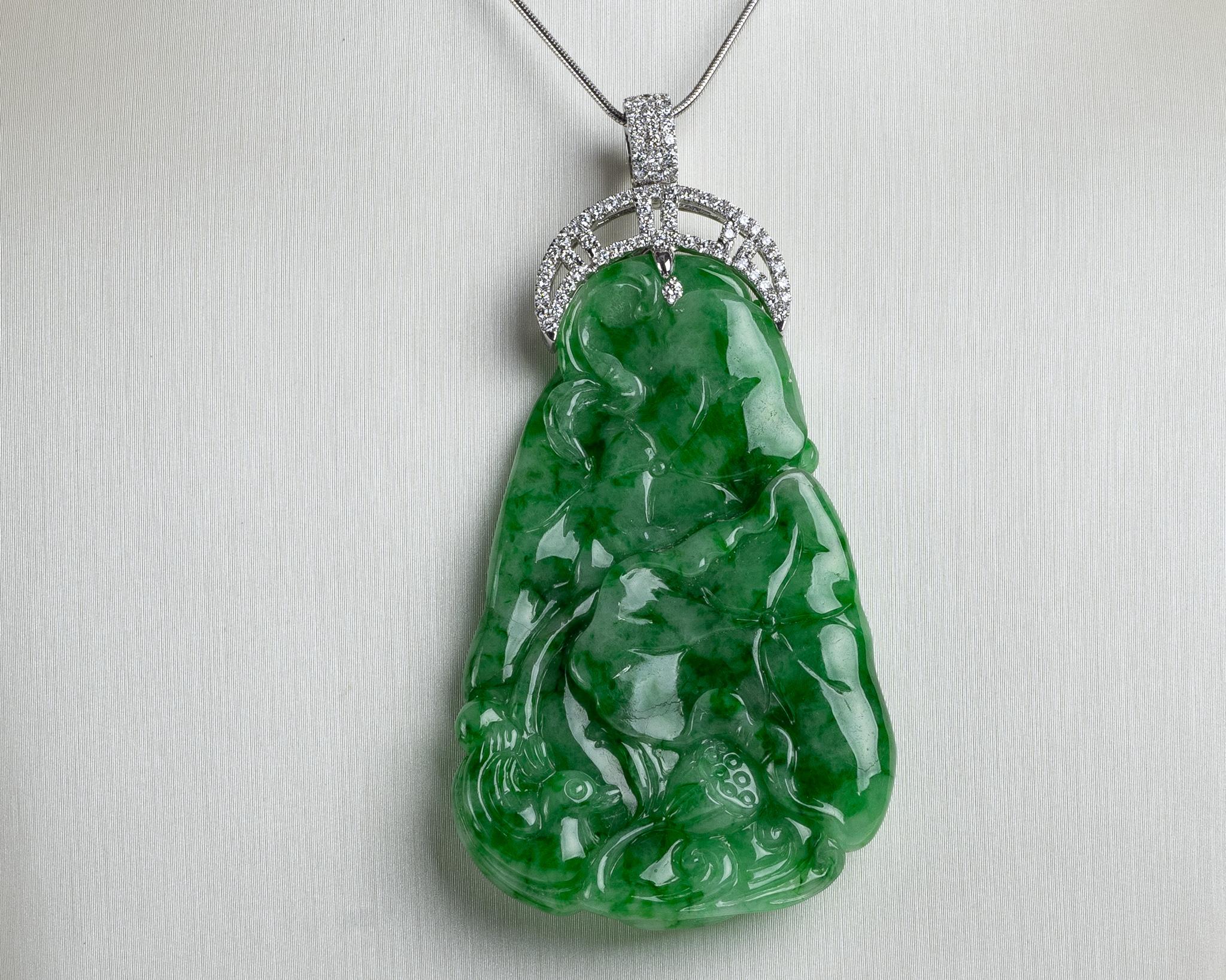 Women's or Men's Green Jadeite Jade Lotus Leaf Diamond Pendant, Certified Untreated For Sale