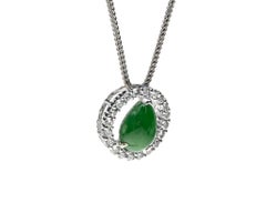 Green Jadeite Jade Pear and Halo Diamond Pendant, Certified Untreated