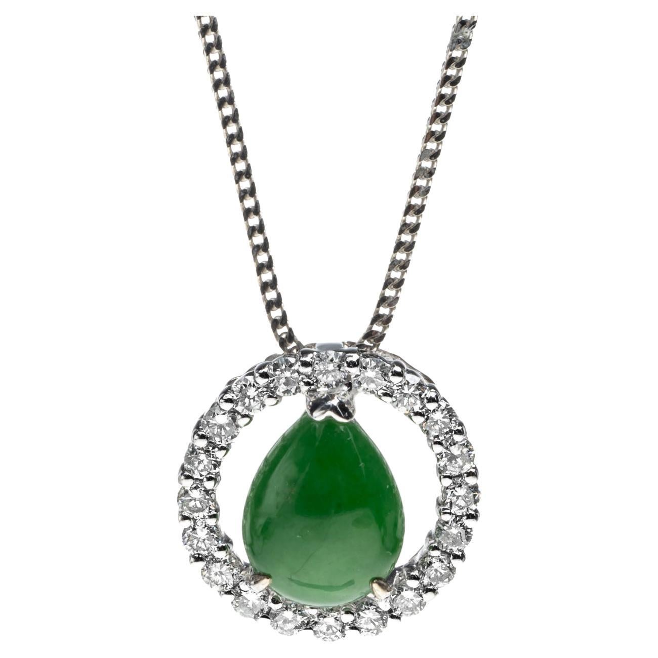 Green Jadeite Jade Pear and Halo Diamond Pendant, Certified Untreated For Sale