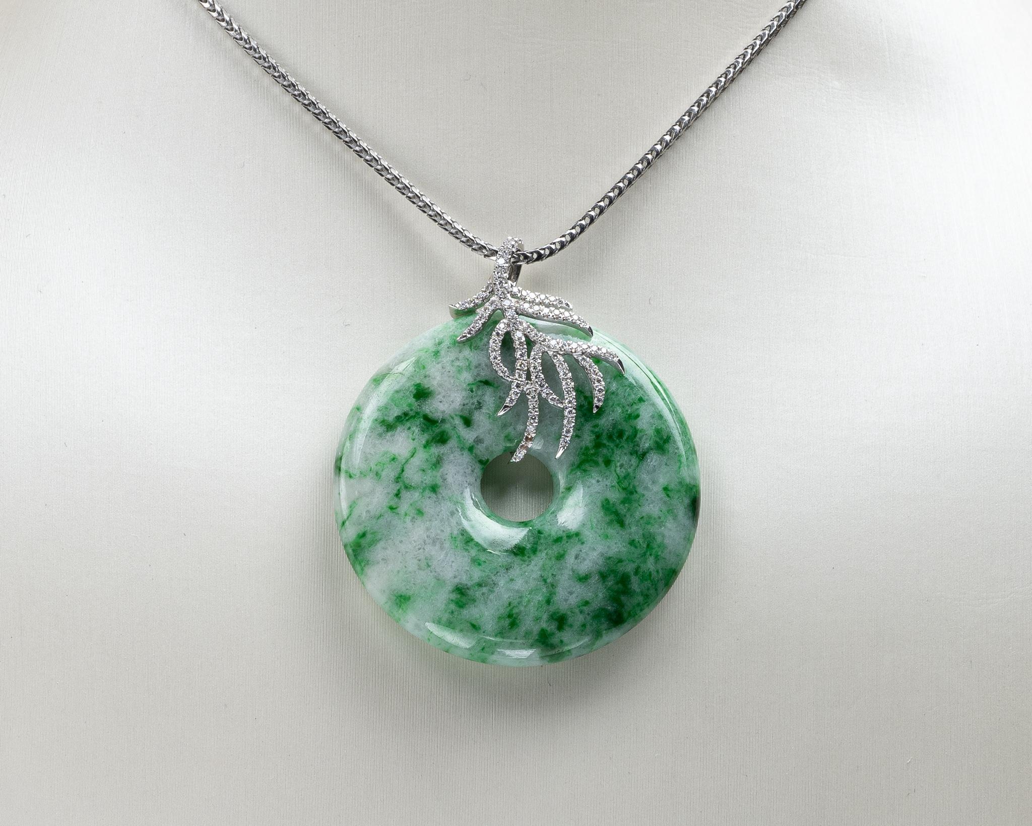 Rough Cut Green Jadeite Jade Pi Disc and Diamond Pendant, Certified Untreated For Sale