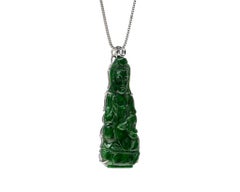 Green Jadeite Jade Quan Yin and Diamond Pendant, Certified Untreated