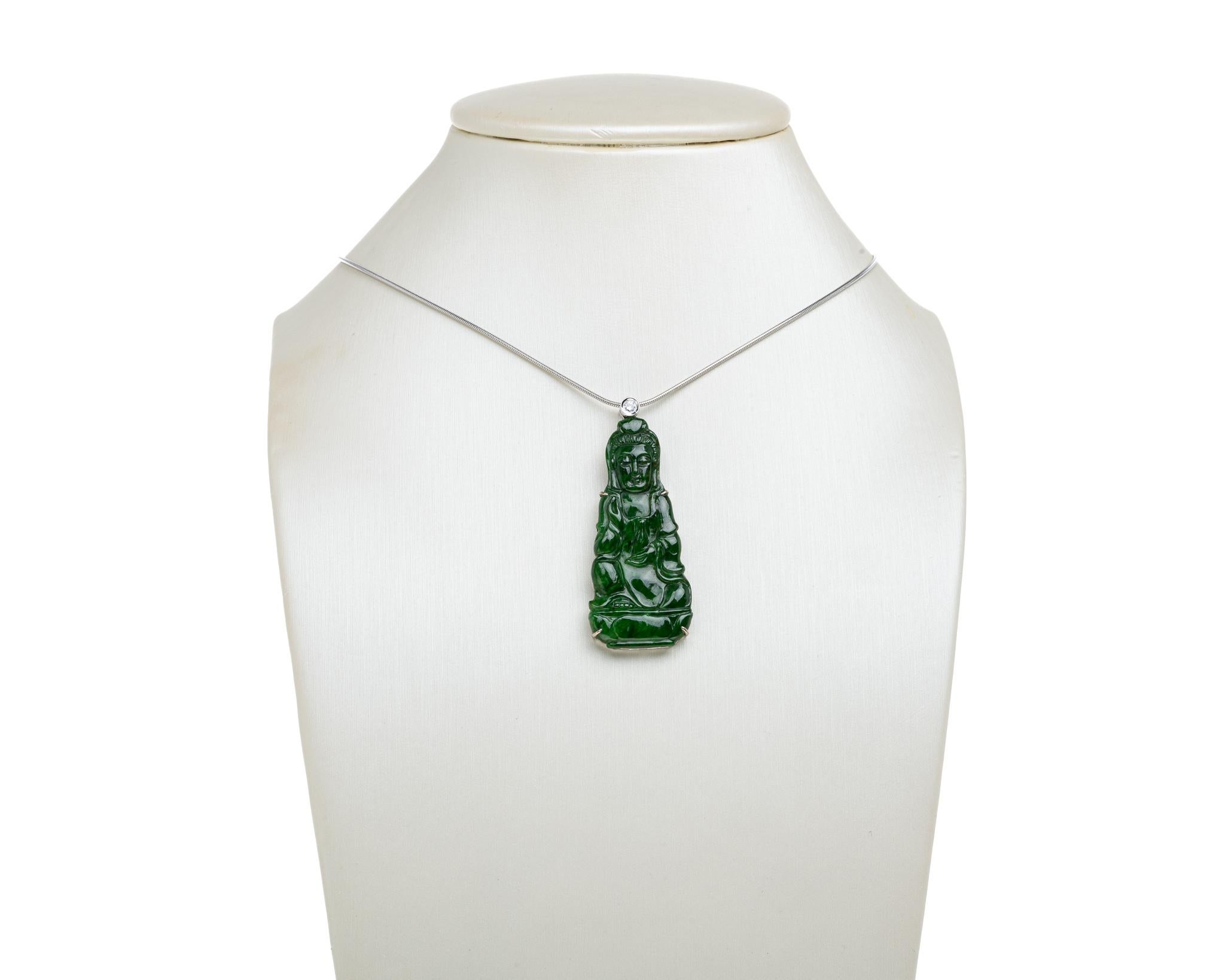 Contemporary Green Jadeite Jade Quan Yin and Diamond Pendant, Certified Untreated For Sale