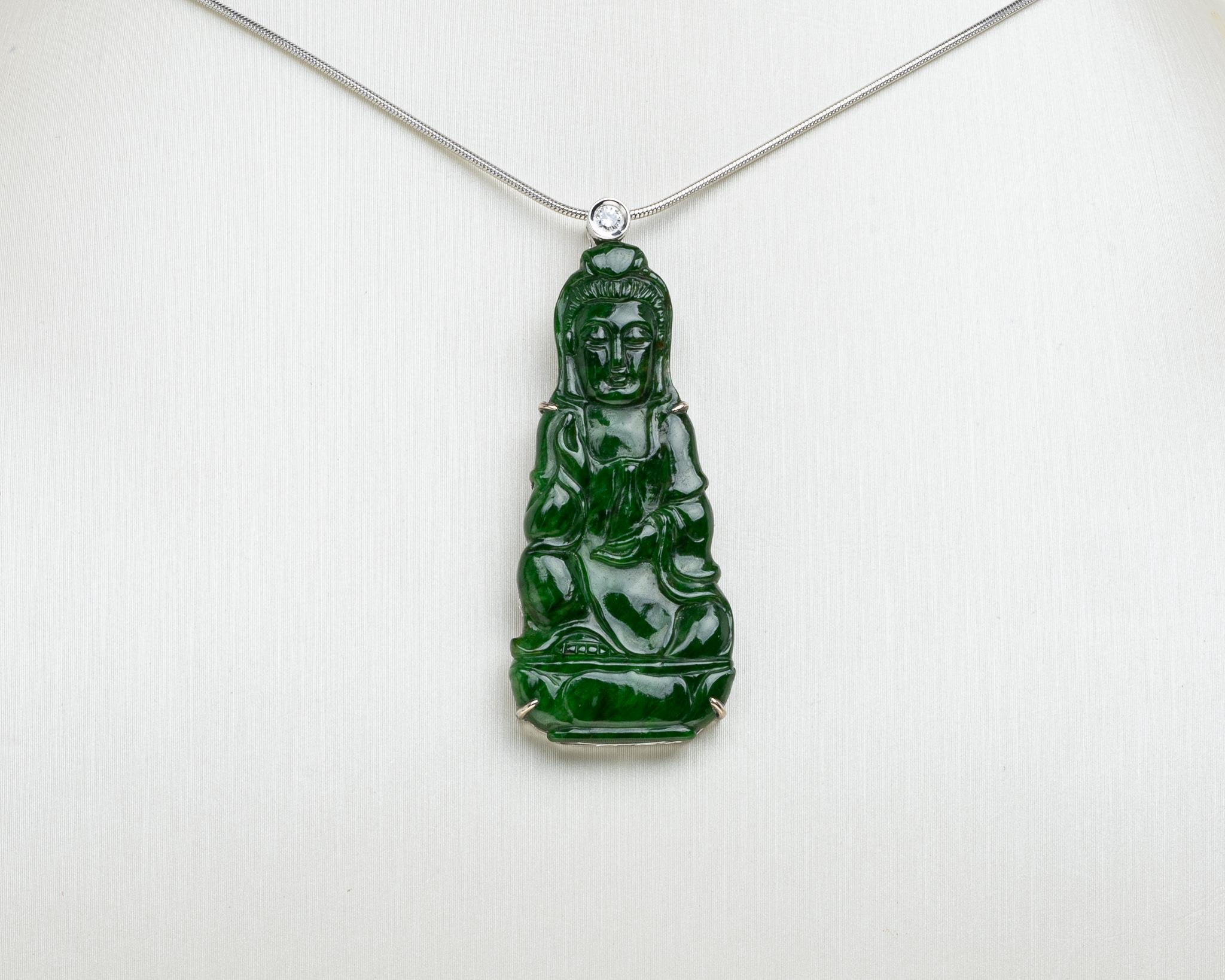 Rough Cut Green Jadeite Jade Quan Yin and Diamond Pendant, Certified Untreated For Sale
