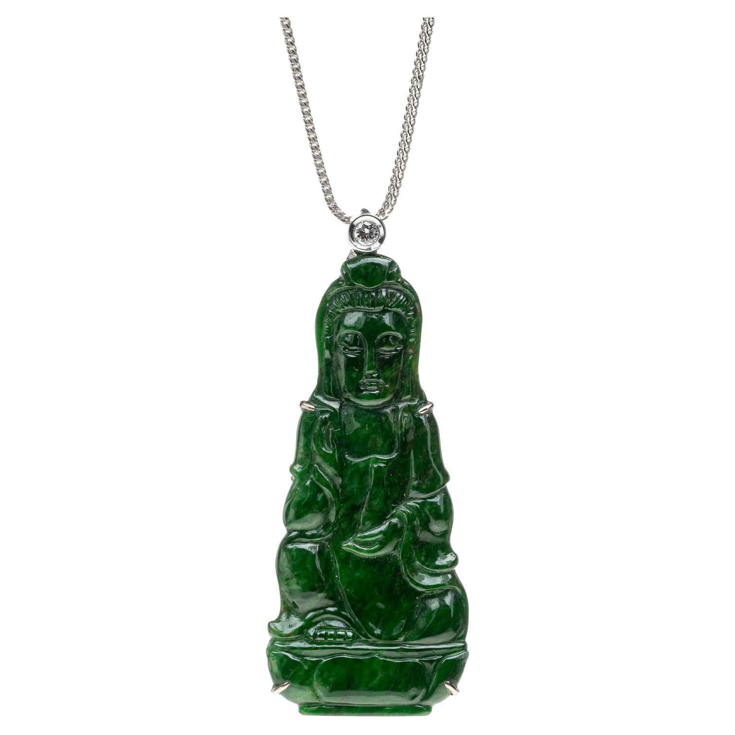 Green Jadeite Jade Quan Yin and Diamond Pendant, Certified Untreated For Sale