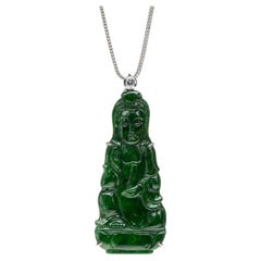 Green Jadeite Jade Quan Yin and Diamond Pendant, Certified Untreated