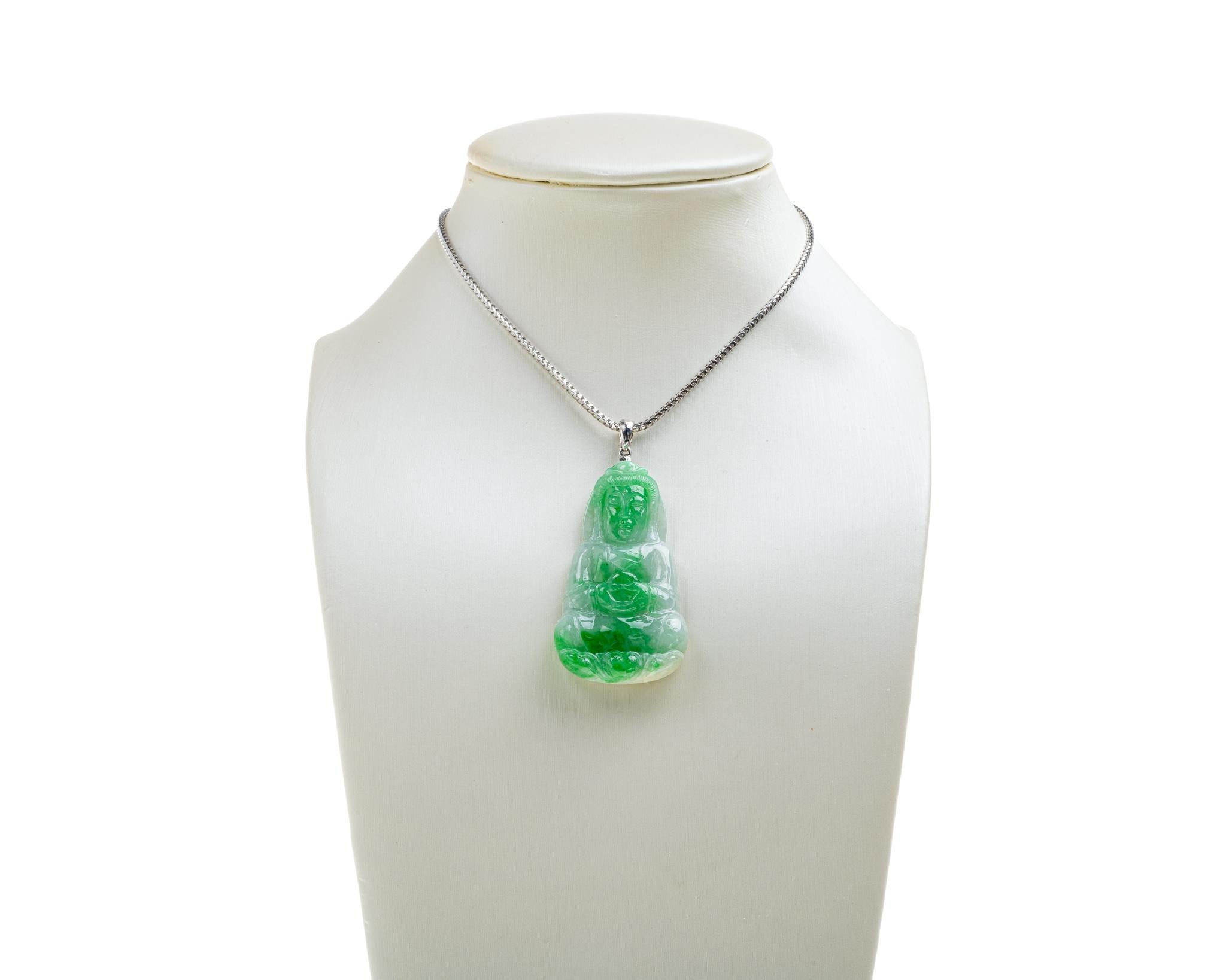 Contemporary Green Jadeite Jade Quan Yin God Pendant, Certified Untreated For Sale