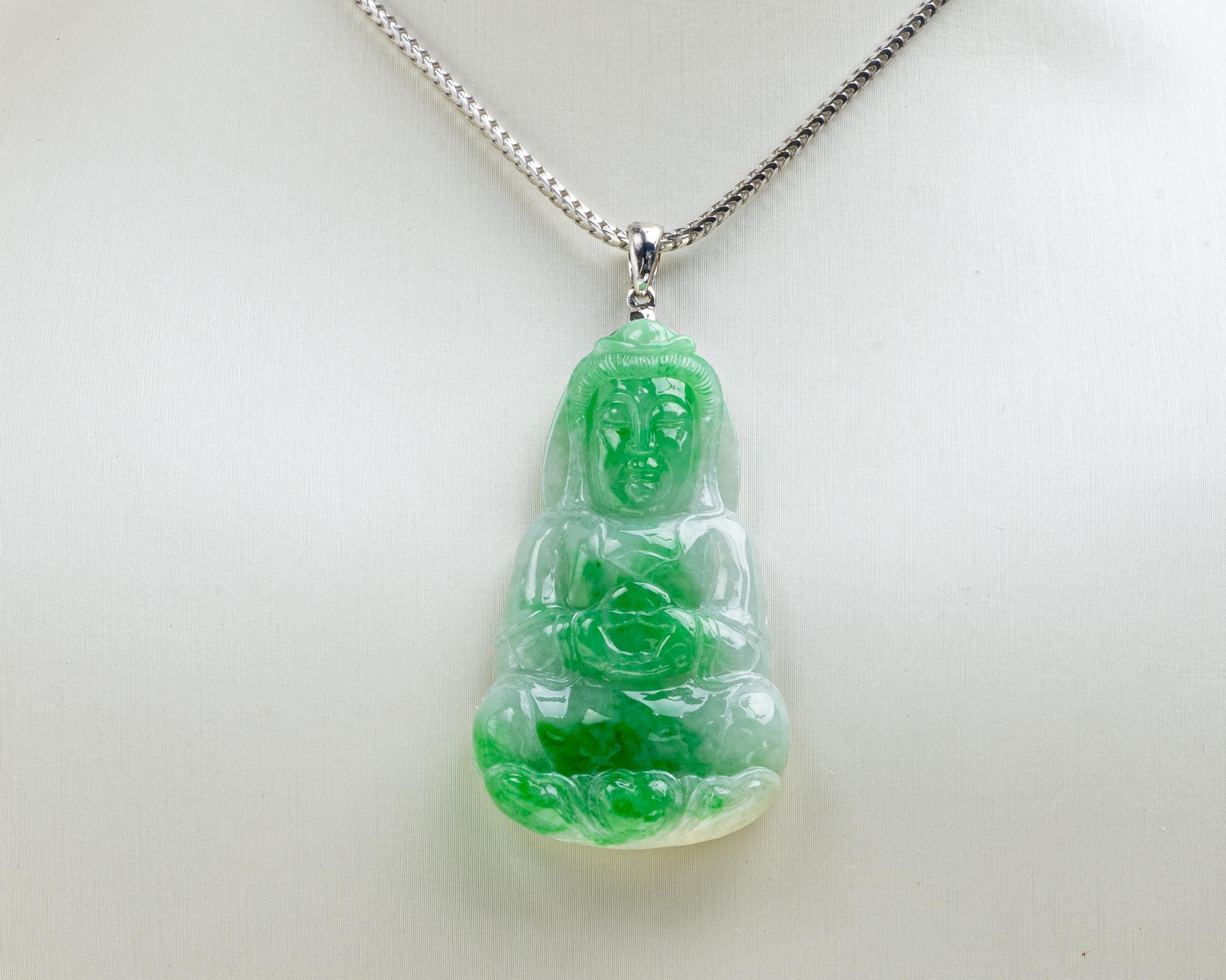 Rough Cut Green Jadeite Jade Quan Yin God Pendant, Certified Untreated