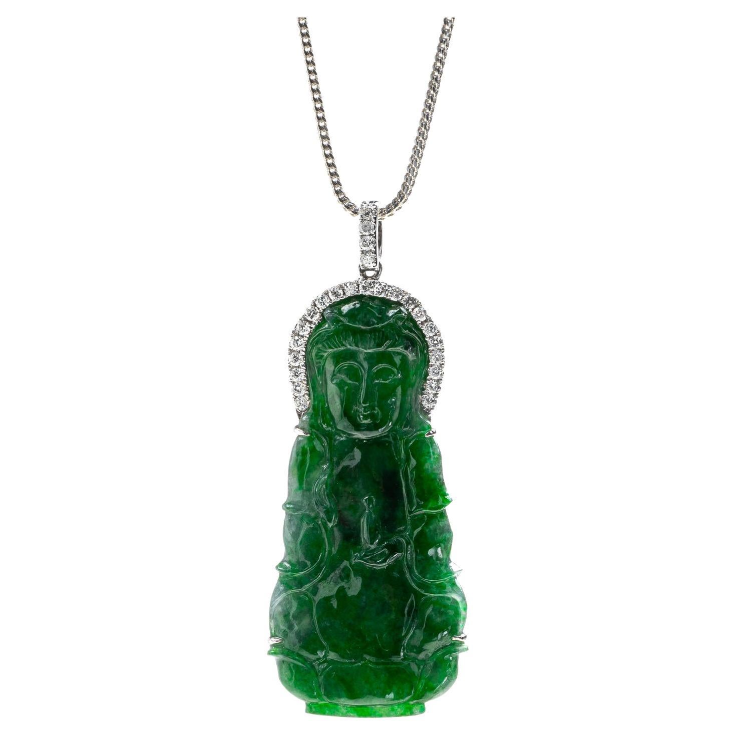 Green Jadeite Jade Quan Yin God Pendant, Certified Untreated For Sale