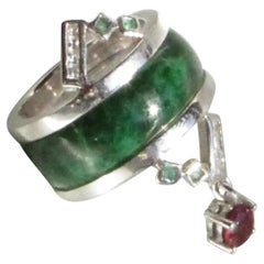 Bague cocktail en or blanc jadéite verte, taille 7